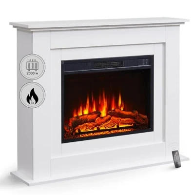 Afbeelding van BALDERIA Finn Elektrische staande open haard met verwarming, 2000 W, realistisch 3D vlameffect, sfeerverlichting, afstandsbediening, timer, thermostaat, wit