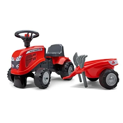 Image de Falk Porteur Tracteur Massey Ferguson avec remorque Dès 12 Mois Fabriqué en France Pelle et râteau Inclus 2 Styles de Personnalisation Plaque d&#039;immatriculation Personnalisable 241C