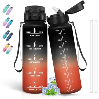 Afbeelding van gourde 1 l avec paille, de sport marqueur temps, pour boissons gazeuses, peut être portée vous, fitness, yoga, camping, randonnée, noir/rouge