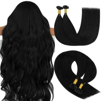 Afbeelding van YoungSee Keratine Haarverlenging, zwart, 40 cm, keratine, Remy haar, warm, echt 50 strengen/50 g, hot extensions, natuurlijk haar
