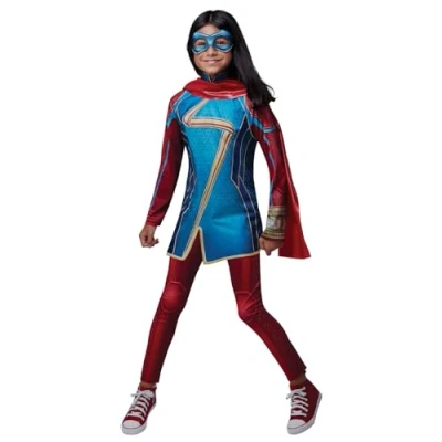 Afbeelding van Rubies Ms Marvel Classic kostuum voor meisjes, bovendeel met bedrukte details, broek, masker en sjaal, officieel Halloween, carnaval, Kerstmis verjaardag.