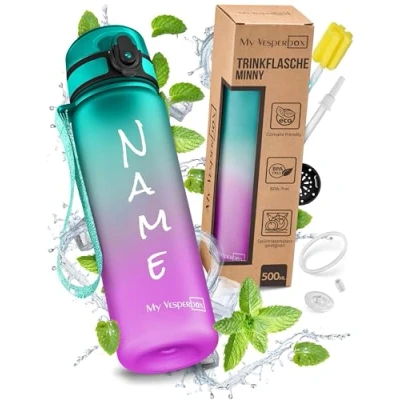 Afbeelding van My Vesperbox Minny Gourde anti fuite pour enfant, 500 ml, avec paille ou passoire, bouteille d&#039;eau légère en Tritan, sans BPA, la maternelle, l&#039;école (violet, vert, ml)