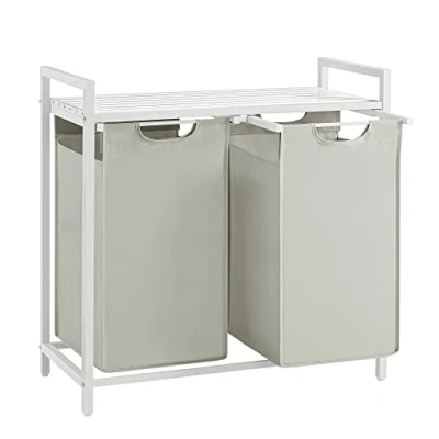 Afbeelding van VASAGLE Wasmand, mand voor vuile was, 2 vakken, afneembare zakken van Oxford stof, legplank, metalen frame, x 46 l, 73 33 72 cm, wit BLH201W01