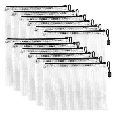 Afbeelding van Crihovy 12 stuks documentenzakken met ritssluiting, A4, PVC, transparant, documentenmap, waterdicht, kunststof zak netvak voor reizen, benodigdheden, kantoor, zwart