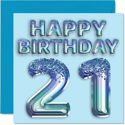 Afbeelding van Verjaardagskaart 21e verjaardag mannen blauwe glitter feestballon verjaardagskaarten voor van 21 jaar, broer, zoon, neef, oom, 145 mm x mm, wenskaarten