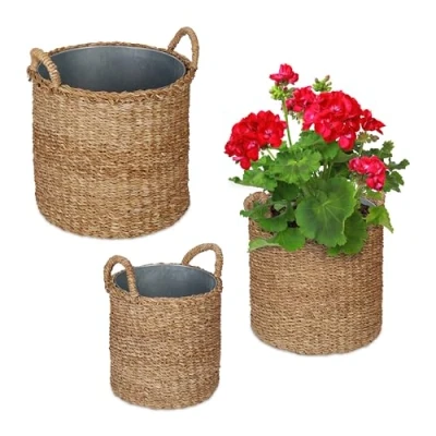 Afbeelding van Relaxdays Set van 3 plantenmanden met zinkbak, verschillende maten, zeegras, voor tuin en balkon, rond, naturel
