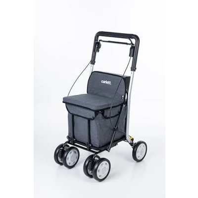 Afbeelding van Carlett Supermarktwagen Medisch goedgekeurd Zitje met geïntegreerde rugleuning 4 wielen 3 standen Capaciteit 15 kg Afneembare tas 29L Kleur grijs