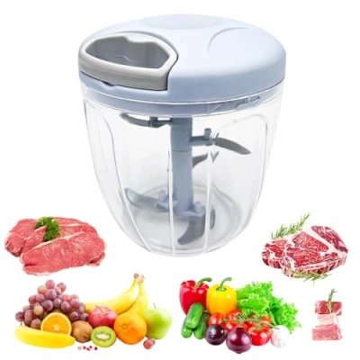 Afbeelding van Fousenuk handmatige touwversnipperaar, 900 ml, groentesnijder met touwstang, mini crusher klein 5 roestvrijstalen messen, groentesnijder, keuken, uienmolen (blauw)