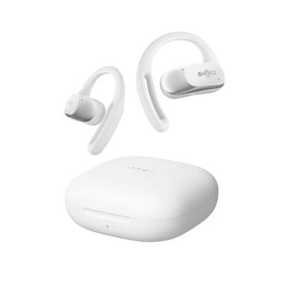 Afbeelding van SHOKZ OpenFit Air hoofdtelefoon, draadloze bluetooth hoofdtelefoon met microfoon, oorhaak, snel opladen, 28 uur batterijduur, IP54 waterdicht, voor sport, wit