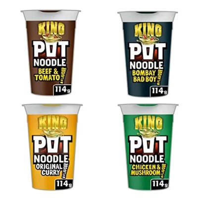 Afbeelding van Pot Noodle King Bundle Kip en paddenstoelen 114 g Bombay Bad Boy Originele Curry Rundvlees tomaten totaal 4 x noedels