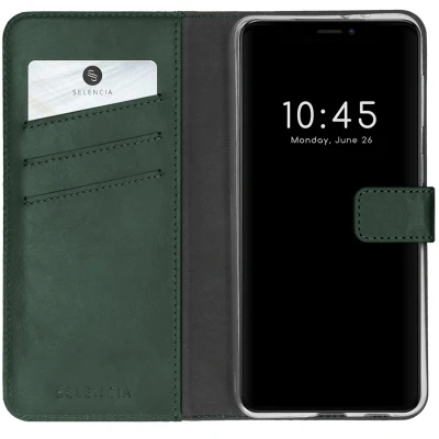 Afbeelding van Selencia Hoesje Geschikt voor iPhone 13 Pro Met Pasjeshouder Echt Lederen Bookcase Groen