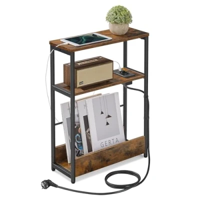 Afbeelding van VASAGLE Fijne bijzettafel met stekkerdoos, nachtkastje 3 niveaus, bankpunt, voor kleine ruimtes, magazijnhouder, woonkamer, slaapkamer, kantoor, rustiek bruin en inktzwart LET335K02