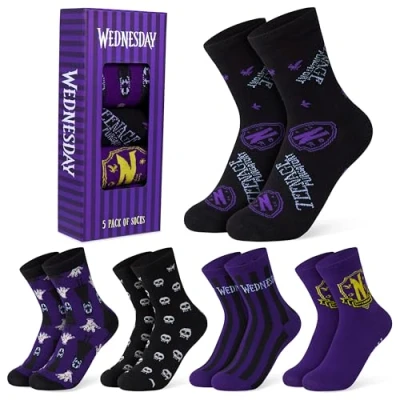 Afbeelding van Wednesday Woensdag Addams kindersokken, set van 5 paar fantasiesokken, meisjes, kinderen, jongeren, 30 35 en 40, Zwart/Paars