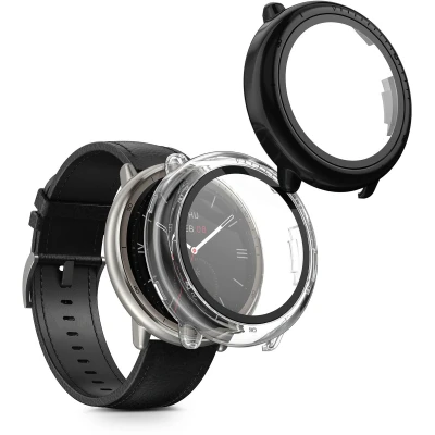 Afbeelding van kwmobile 2x cover geschikt voor Amazfit Active2 (A2437) Fitnesstracker van gehard glas en kunststof frame set transparant / zwart