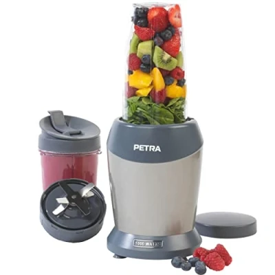 Afbeelding van Petra PT2002V4SILVERVDEEU7 NutriMax mixer, multifunctionele blender voor smoothies, sap en soep, 1000 W, 2 kopjes deksels, BPA vrij (1 x 800 ml, 1 l), drankmaker milkshakes cocktails