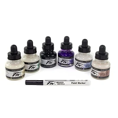 Afbeelding van DALER ROWNEY Shimmering Acryl Set van 6 inkten 29,5 ml + 1 FW Mixed Media lege marker, niet toepassing