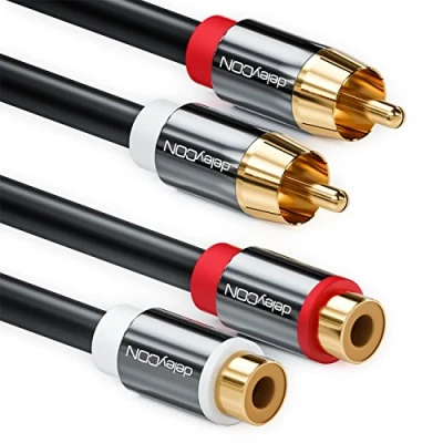 Afbeelding van deleyCON 3,0 m cinch RCA verlengkabel stereo audio 2 x aansluitingen op vrouwelijke stekkers verguld metalen stekker zwart