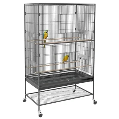 Afbeelding van PawHut Vogelkooi met zitstokken, vogelhuisje plank, vloerbak, volière deuren, wielen, spelletjes voor kleine vogels, staal, grijs, 94 x 57 153 cm