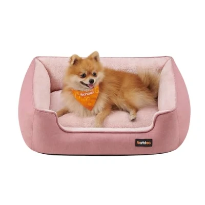 Afbeelding van Feandrea Hondenbed, hondenkussen linnenlook, hondenmand, verhoogde randen, antislip bodem, afneembare en wasbare overtrek, M, voor kleine honden, 70 x 55 21 cm, pastelroze PGW010R01