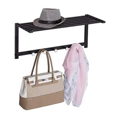 Afbeelding van Relaxdays wandkapstok met plank wandhaken handdoekhouder garderobe kapstok zwart