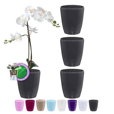 Afbeelding van SANTINO 4 stuks zelfbewaterende potten met bewateringssysteem en waterniveau indicator voor gebruik binnenshuis, pot orchideeën D 15 cm (antraciet, 2 liter)