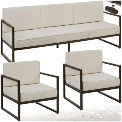 Afbeelding van tectake® tuin loungeset Comosa Voor 5 personen Tuinbank Loungebank en twee fauteuils Waterafstotende ultradikke zit rugkussens Draagkracht 117kg per zitplaats Bruin/beige