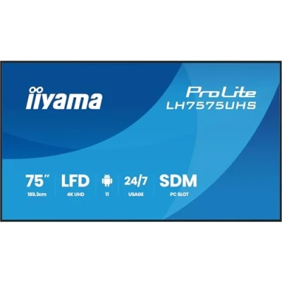 Afbeelding van Iiyama 75iWIDE LCD 3840 x 2160 4K UHD IPS panel LED Bl. Metal front bezel Fan less Speakers Multiple In /Outputs (HDMI(3x) DisplayPort Out