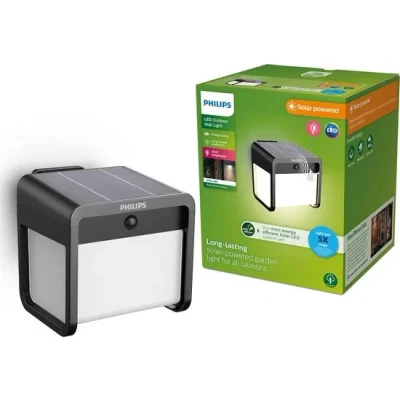 Afbeelding van Philips Ezra wandlamp UltraEfficient LED Solar buitenlamp Helder warm licht; 3000K Zwart Bewegingssensor Zonne energie Schemersensor