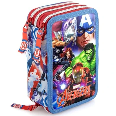Afbeelding van Clondo Drievoudig gevulde etui voor kinderen, 45 schoolaccessoires, 3 ritssluitingen, georganiseerde vakken, kleurpotloden, viltstiften, lijm, schaar, meisjes en jongens, Avengers 24, Licentie,