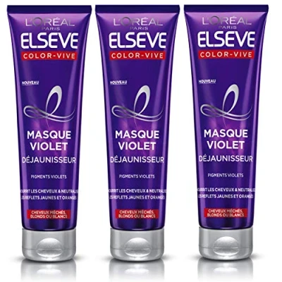 Image de L’Oréal Paris Masque Violet Démêlant Déjaunisseur Pour Cheveux Méchés, Blonds ou Blancs Neutralisation des Reflets Jaunes &amp; Orangés Elseve Color Vive 150 ml