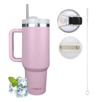Afbeelding van STARLA Thermosbeker met rietje en handvat, 1,2 liter, 2 deksels, lekvrij, roestvrij staal, koffiebeker, om mee te nemen, paars