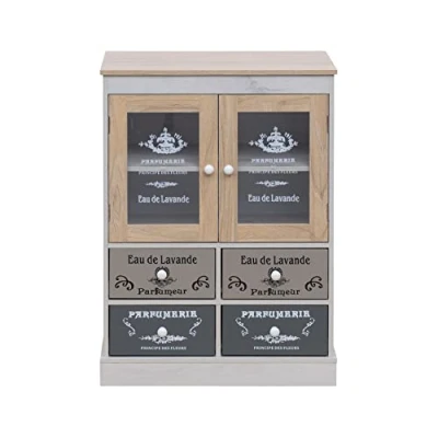 Afbeelding van Rebecca Mobili Shabby dressoir, vrijstaande keukenkast, spaanplaat van pvc, wit, beige, grijs, 2 deuren, 4 laden, afmetingen: 81 x 58 30 cm (h b d), art. RE6740