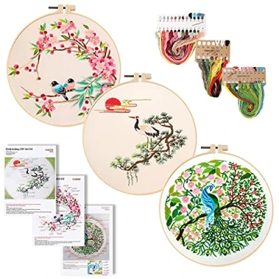 Afbeelding van Vegena Borduurset voor beginners, 3 delige set, handgemaakte kruissteekset, ronde verstelbare borduurtoolset, kruissteeksets met borduursels bloemen en dierenpatronen