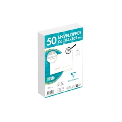 Afbeelding van Clairefontaine 5926C, verpakking met 50 witte enveloppen, C6, 114 x 162 mm, voorgekrompen, zelfklevend, 80 g/m²
