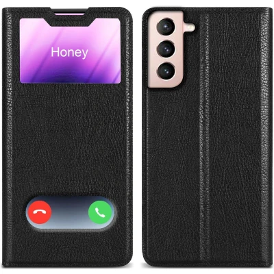 Afbeelding van Cadorabo Hoesje geschikt voor Samsung Galaxy S21 5G in KOMEET ZWART Beschermhoes met magnetische sluiting, standfunctie en 2 kijkvensters Book Case Cover Etui