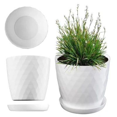 Afbeelding van KADAX Kunststof Bloempot, Plantenpot met Schotel, Decoratieve Ronde Pot voor Binnenplanten