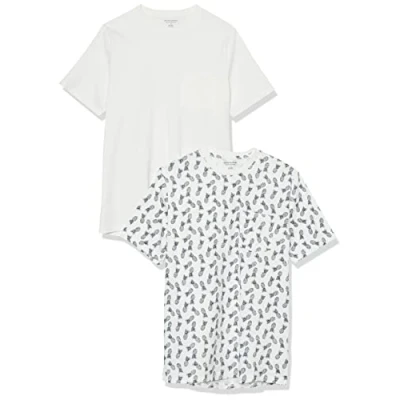 Image de Amazon Essentials Lot de 2 t shirts à manches courtes et col rond pour homme, coupe classique, imprimé ananas/blanc, taille XS