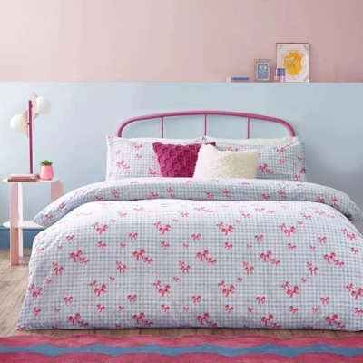 Afbeelding van Heya Home Parure de lit imprimée avec nœuds vichy Bleu Super King