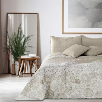Afbeelding van DecoKing bedsprei 240 x 260 cm beige wit cappuccino met abstract patroon dubbelzijdig onderhoudsvriendelijk Alhambra