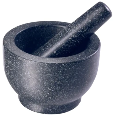Afbeelding van GOURMEO vijzel met stamper, set van grote massieve granietsteen, 7 cm diepe ruwe binnenkant en gepolijste buitenkant, extra lange stamper