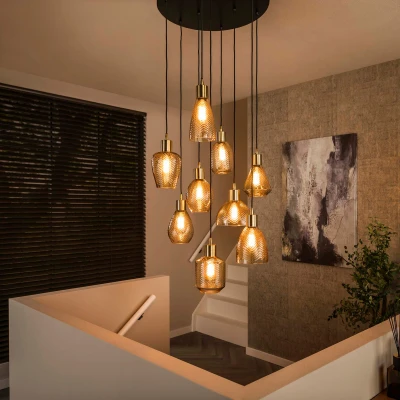 Afbeelding van Ricardo hanglamp 9L getrapt amberkleurig glas