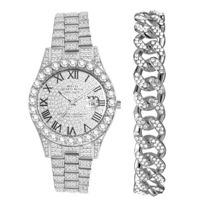 Afbeelding van JewelryWe Diamanten horloge voor dames en heren, diamanthorloge armband, rond analoog kwartshorloge, roestvrijstalen armband zilvergoud, 2 stuks, Zilver met