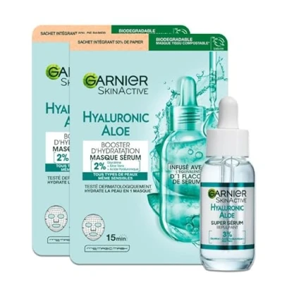 Afbeelding van GARNIER Skin Active Vochtinbrengende en vollere routine masker voor hydratatiebooster + super voller serum hyaluronzuur &amp; aloë vera veganistisch dierproefvrij droge gevoelige huid