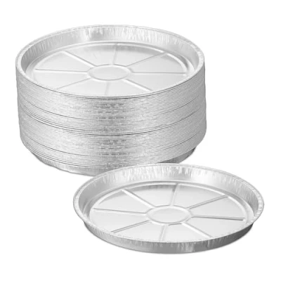 Afbeelding van Relaxdays Set van 50 ronde aluminium schalen H x D 2,5 27,5 cm, Linzer taartvorm, afdruipschaal, indirect rooster, zilverkleurig