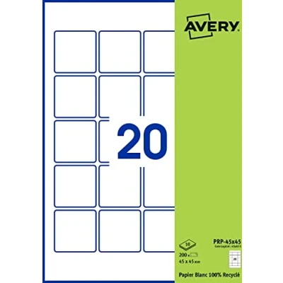 Afbeelding van AVERY Verpakking met 200 vierkante zelfklevende etiketten, gerecycled wit papier, formaat 45 x mm, personaliseerbaar en bedrukbaar voor laser, inkjet kopieerapparaat (PRP 45.Fr)