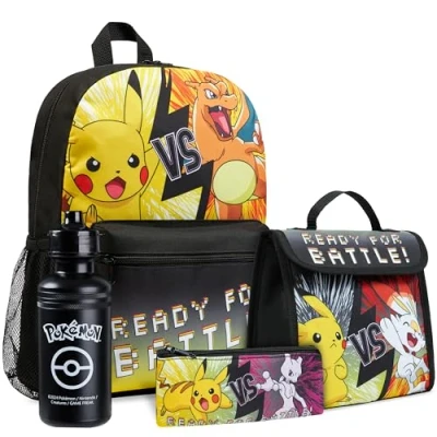 Afbeelding van Pokemon rugzak voor kinderen, schooltas jongens, basisschool, 4 delige set, 39 cm, lunchbox, etui, drinkfles Zwart/Geel, Schooltassensets