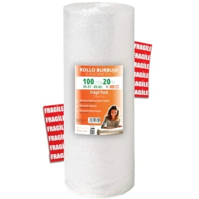 Afbeelding van OFITURIA Bubbelfolie verpakking 100 cm x 20 m breekbare met 12 etiketten ideaal voor verpakking, noppenfolie, verhuizing, luchtbellen