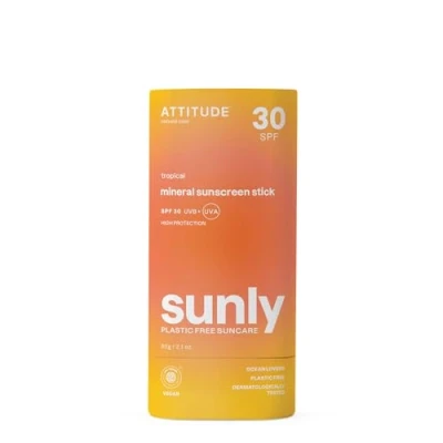 Afbeelding van ATTITUDE Mineral Sunscreen Stick met zinkoxide, SPF 30, EWG geverifieerd, plasticvrij, breed spectrum UVA/UVB bescherming, dermatologisch getest, veganistisch, tropisch, 60 g