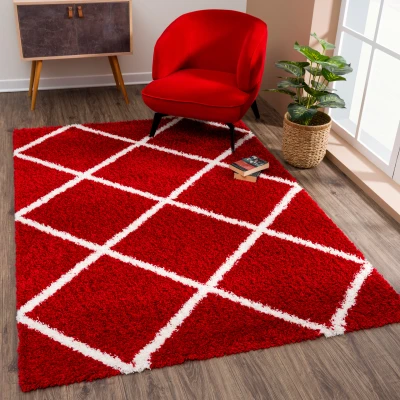Afbeelding van Madrid Shaggy Geruit Vloerkleed Rood Creme Hoogpolig 200x290 cm
