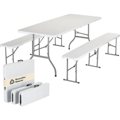 Afbeelding van Skandika Masi Tafel/Bank Set tuintafel 2 banken tot 300 kg (180 x 23 43cm), 1 200 belastbaar 74 74cm), gerecycled HDPE materiaal, opvouwbaar, weerbestendig, 180 cm biertentset, balkonmeubilair, tuinmeubilair wit